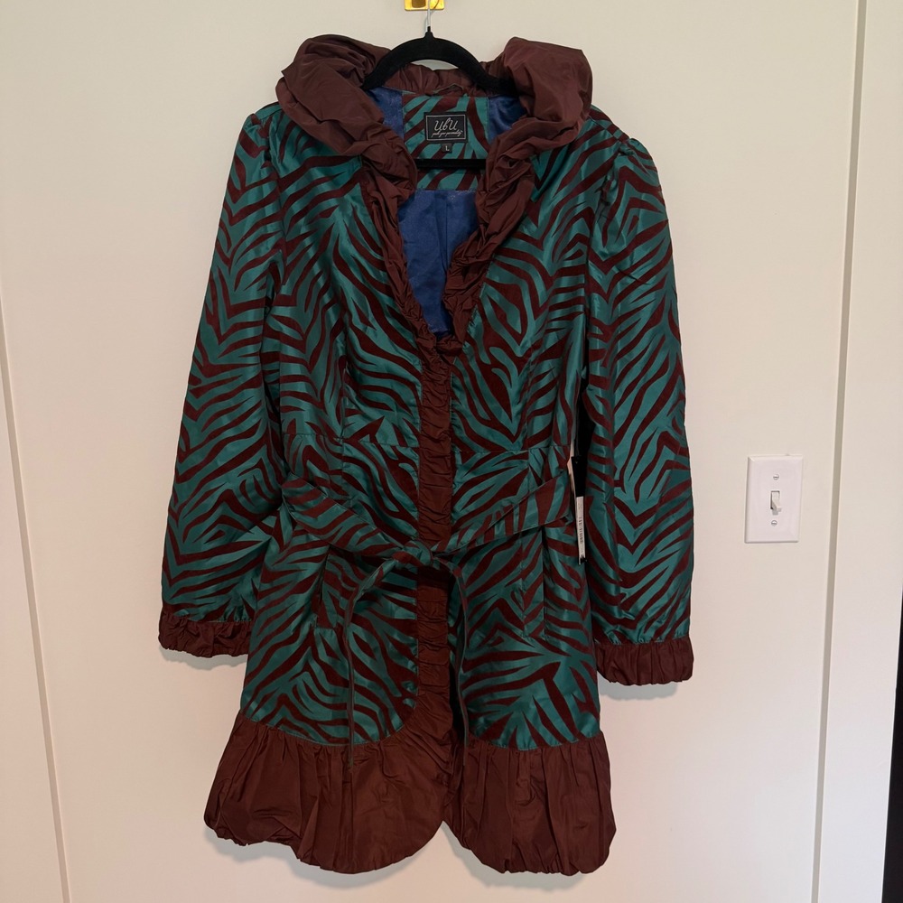 UBU Teal Burgundy Zebra Print Ruffle Travel Coat Jacket Womens Large NWT